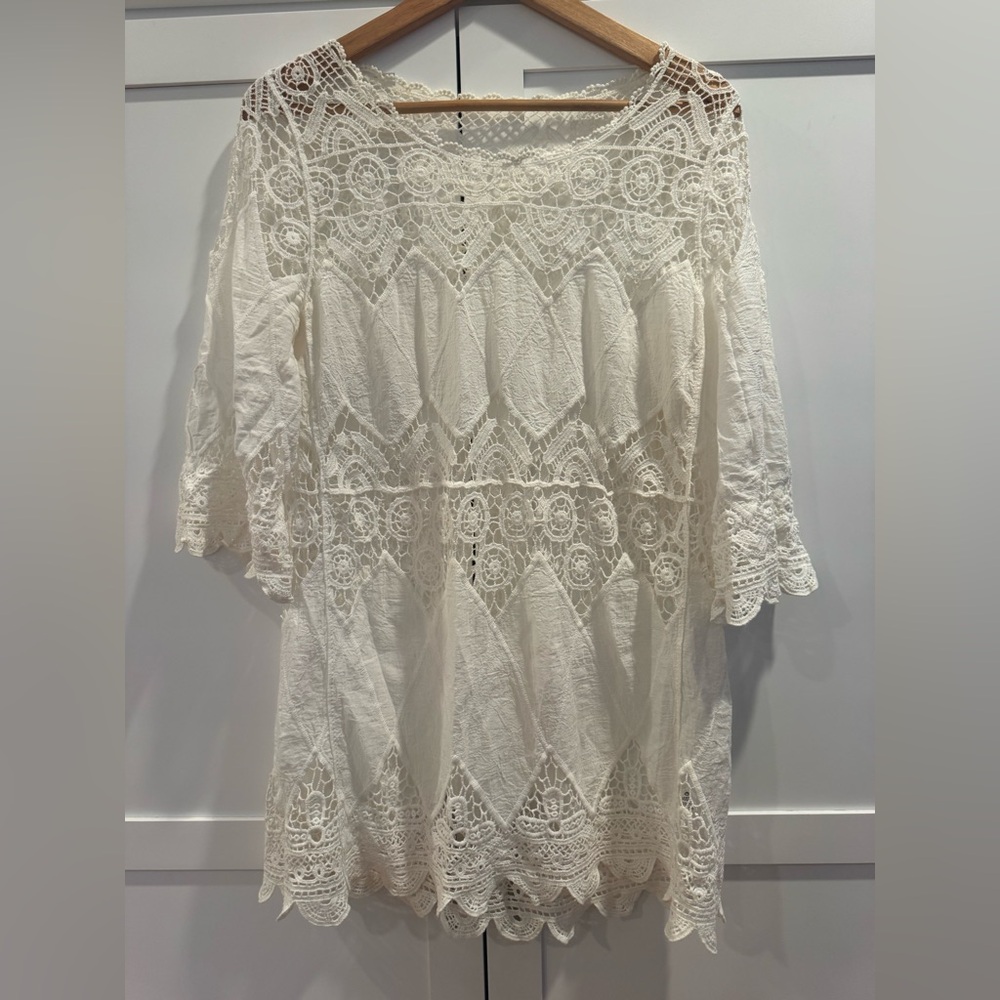 White Crochet Lace Boho Tunic Top Cover up size Small